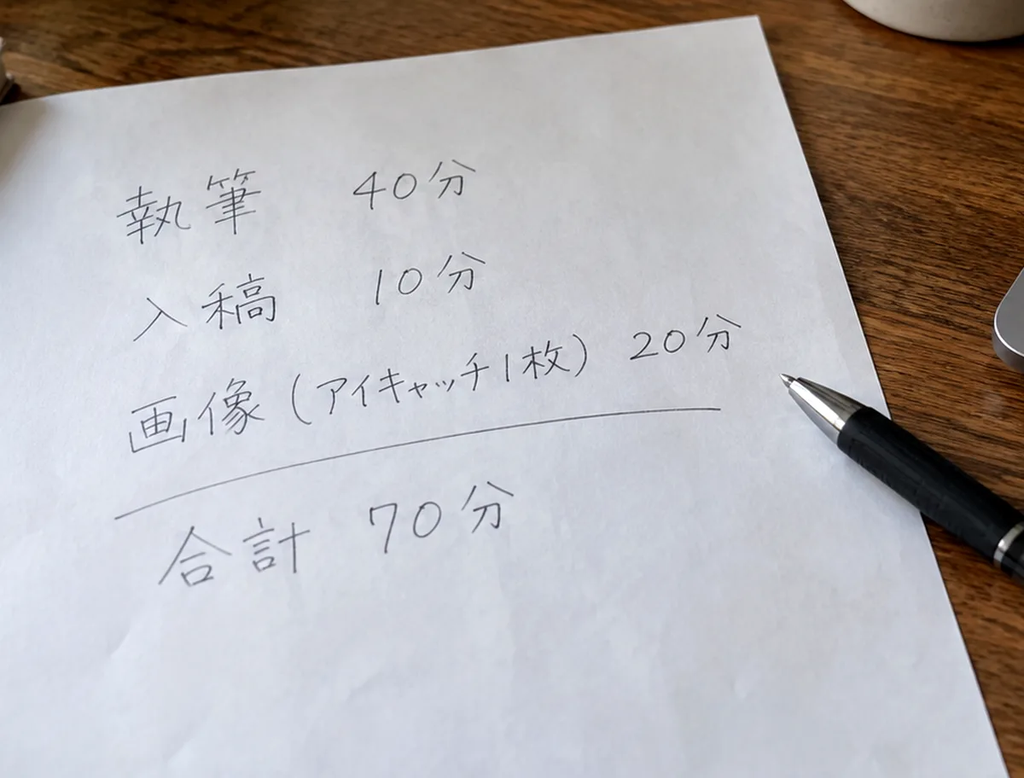 記事1本の工程ごとの時間を計測した手書きのメモ 執筆40分 入稿10分 画像アイキャッチ1枚20分 合計70分